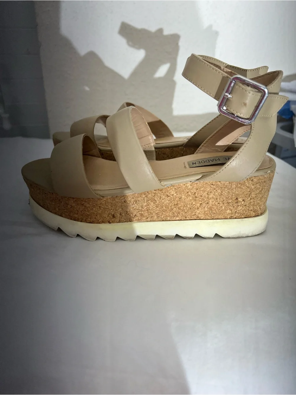 Steve Madden Beige Cork Platform Sandals with Ankle Buckle